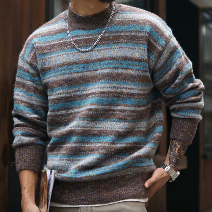 慵懶風撞色條紋圓領毛衣男2025冬季新款寬鬆復古加厚保暖針織衫