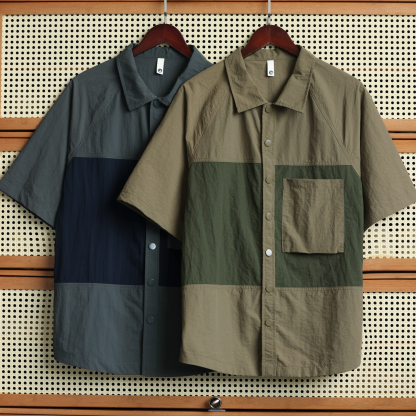美式復古微褶肌理短袖襯衣男140g撞色拼接口袋疊穿襯衫