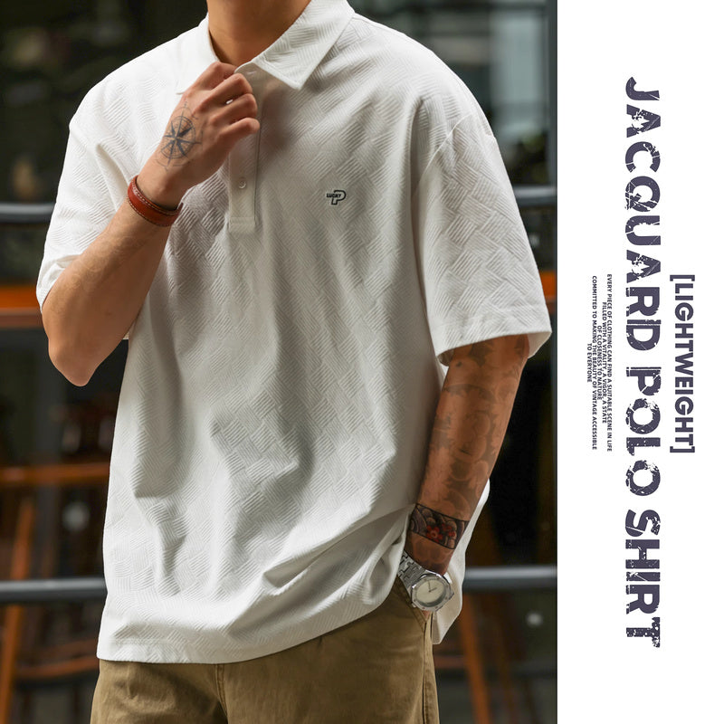 美式休閒200g短袖POLO衫男方格提花零壓舒適感刺繡T恤夏