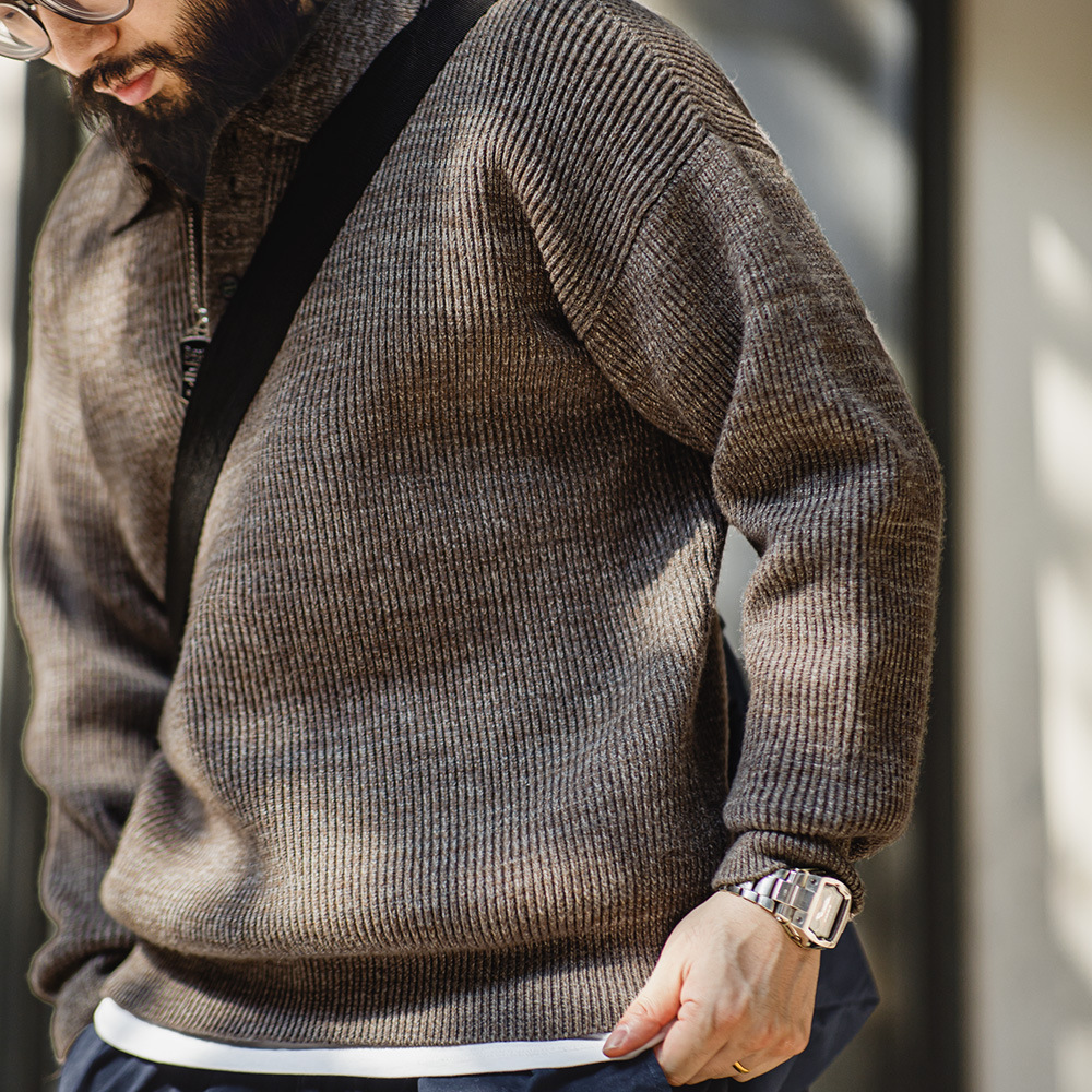 美式復古針織polo衫慵懶風寬鬆翻領套頭雜色毛衣男秋冬-Retro's Wear