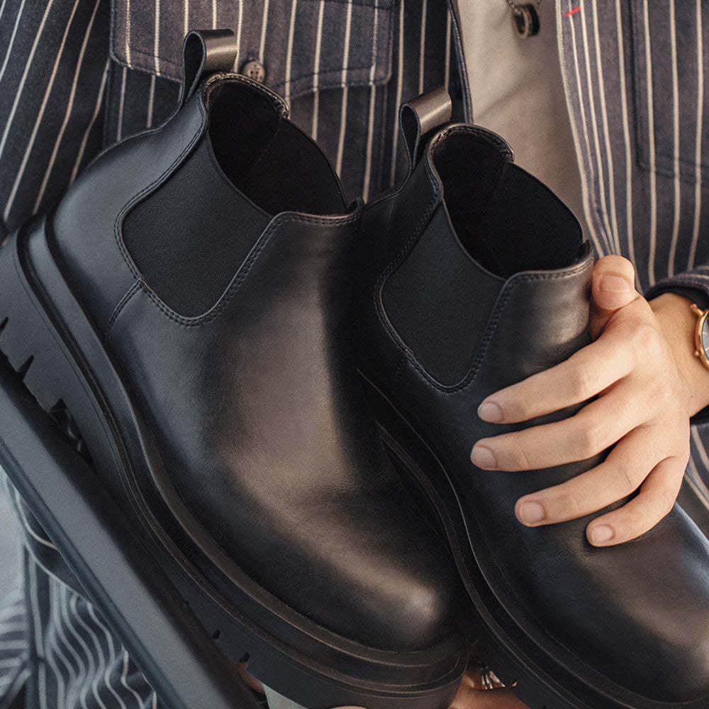 切爾西靴男款夏季一脚蹬厚底休閒黑色真皮短靴子方頭馬丁靴-Retro's Wear