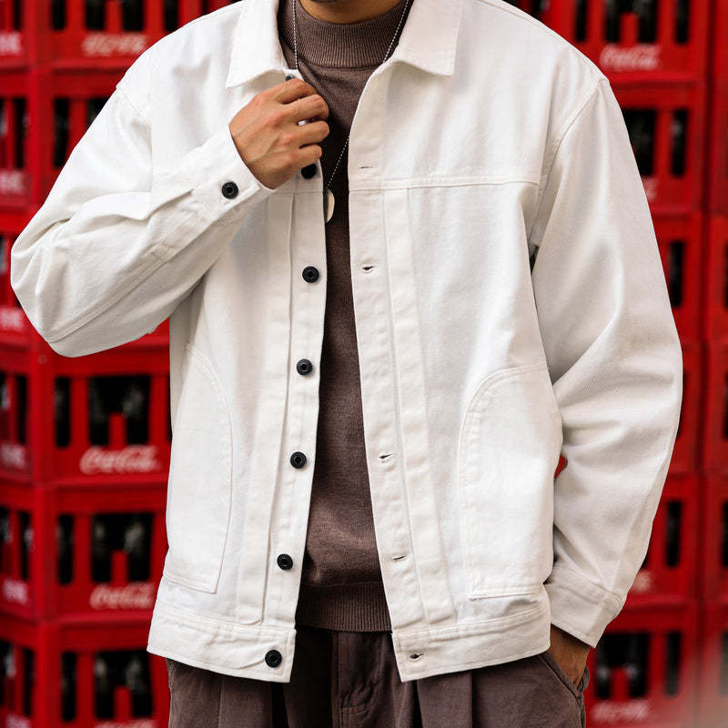 美式格雷系碳素磨毛復古夾克男士寬鬆休閒重磅翻領工裝外套-Retro's Wear