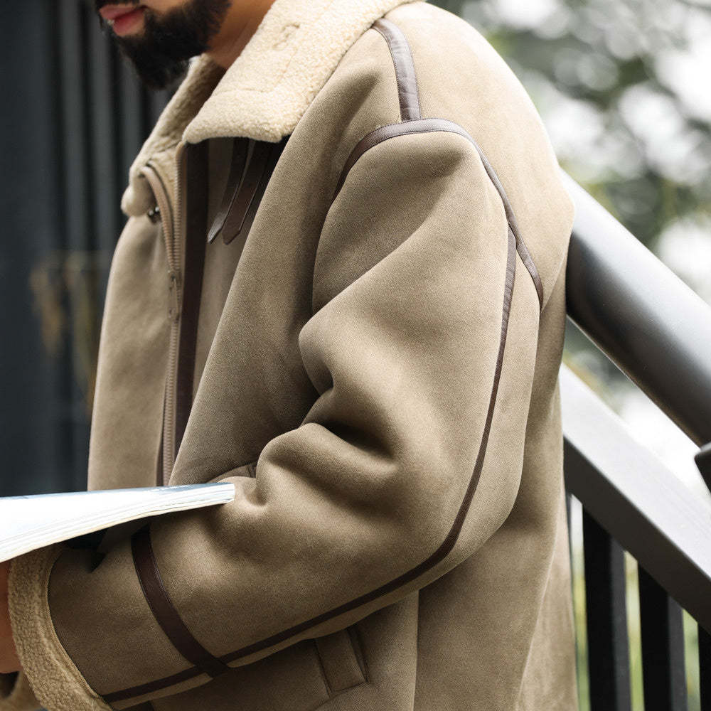 美式復古拼接麂皮絨棉衣外套男加厚保暖羊羔絨機車夾克