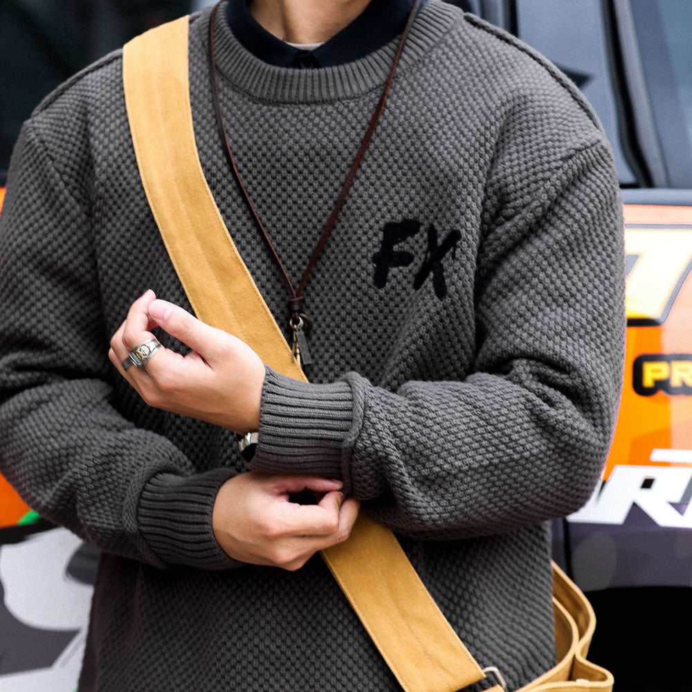 美式復古粗針線重磅毛衣男士圓領寬鬆慵懶風高級感針織衫冬-Retro's Wear