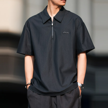 美式休閒200g半拉鍊短袖POLO衫男仿原牛色寬鬆襯衫領T恤