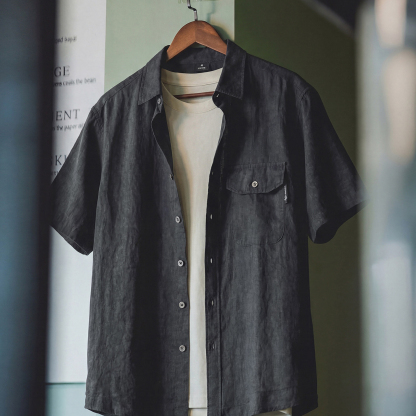 美式工裝短袖襯衫男夏季款寬鬆復古廓形垂感襯衣翻領透氣半袖外套