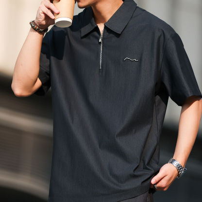 美式休閒200g半拉鍊短袖POLO衫男仿原牛色寬鬆襯衫領T恤