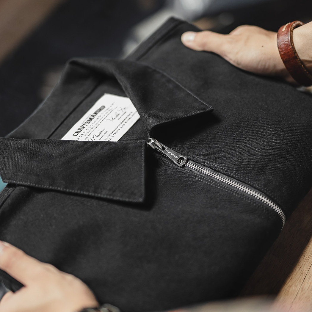 美式教練夾克翻領痞帥硬挺重磅短款黑色純棉行政外套男秋