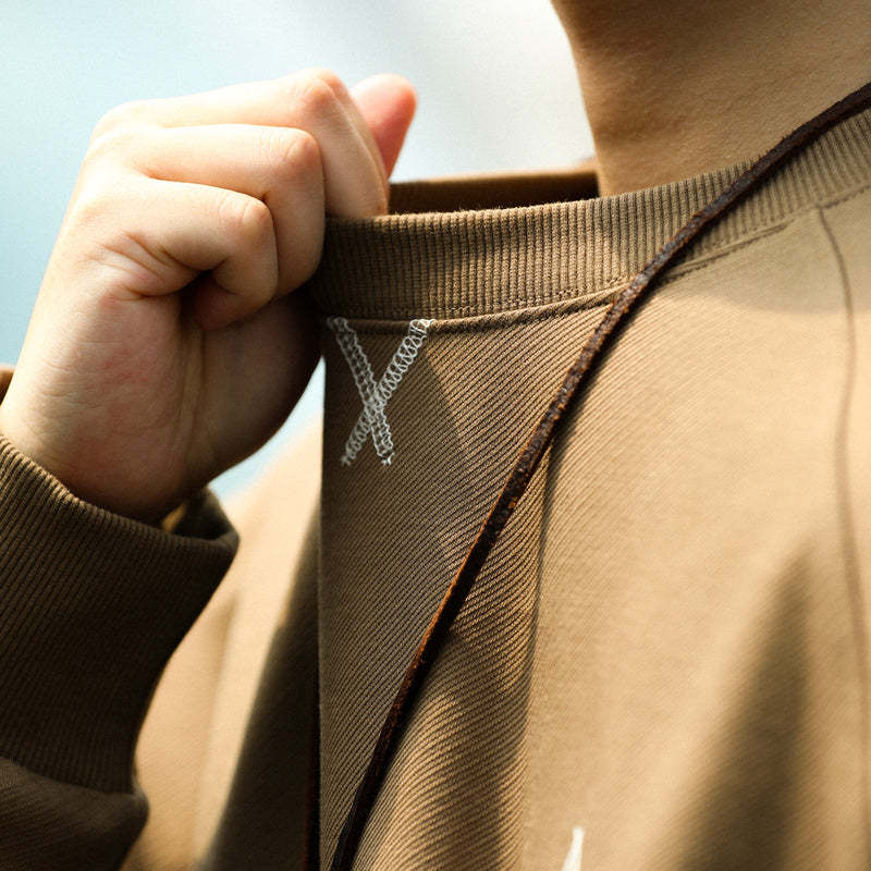 美式休閒320g粗針斜紋圓領衛衣男插肩袖設計啞光刺繡上衣秋-Retro's Wear