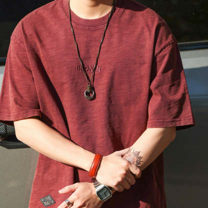 日系復古重磅天竺棉短袖T恤男250g字母刺繡純棉打底衫夏