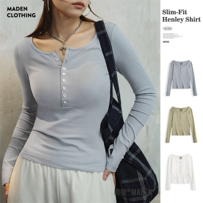 美式亨利衫針織打底衫修身內搭長袖T恤上衣2024秋季新款女-Retro's Wear
