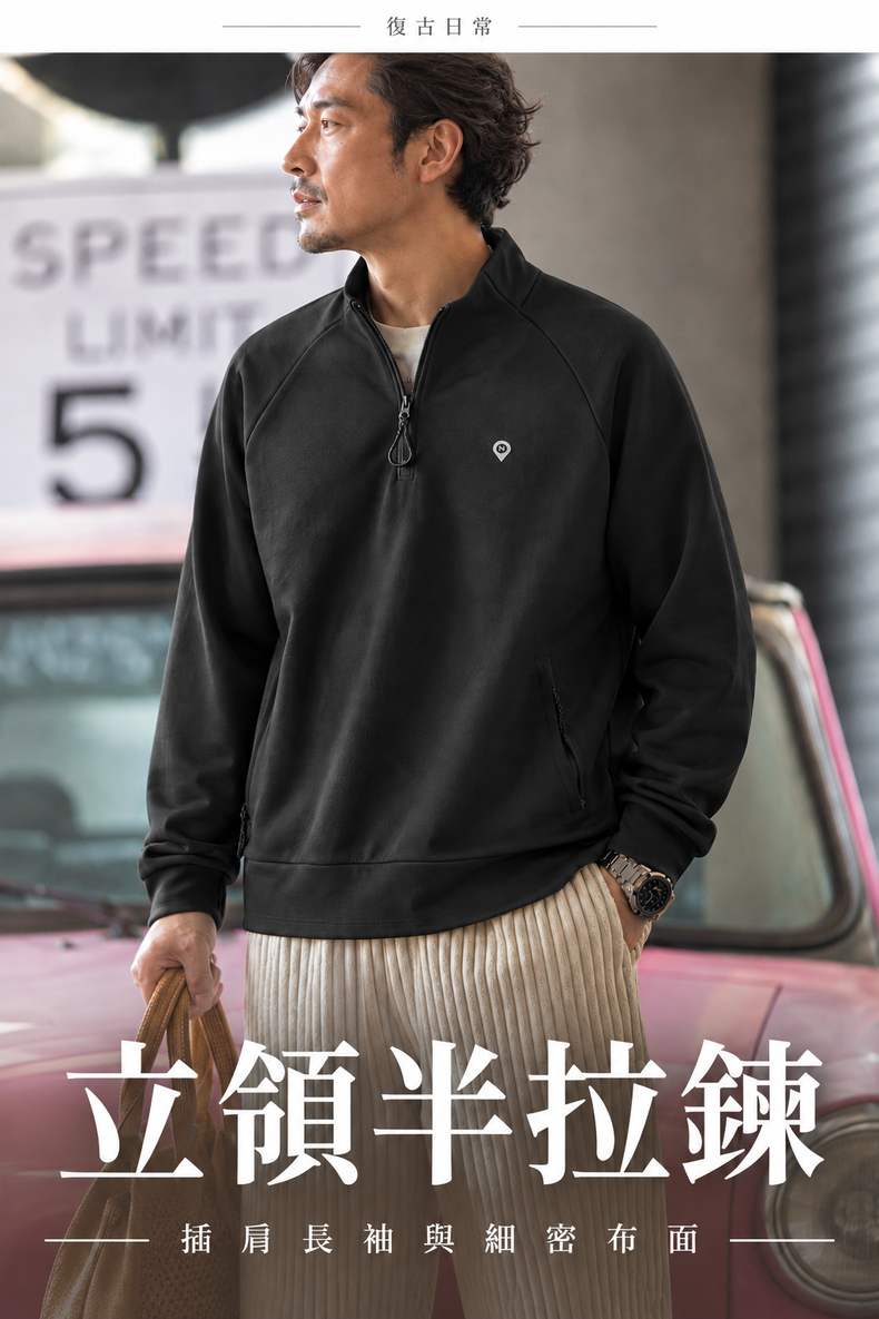 Vintage Stand-Collar Half-Zip Solid Long-Sleeve Men's Sweatshirt, Raglan Fit · 02-hero
