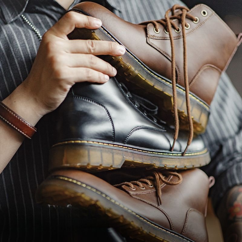 (軟皮)馬丁靴男中幫加絨雪地靴子黑色高幫棉鞋休閒軟皮工裝