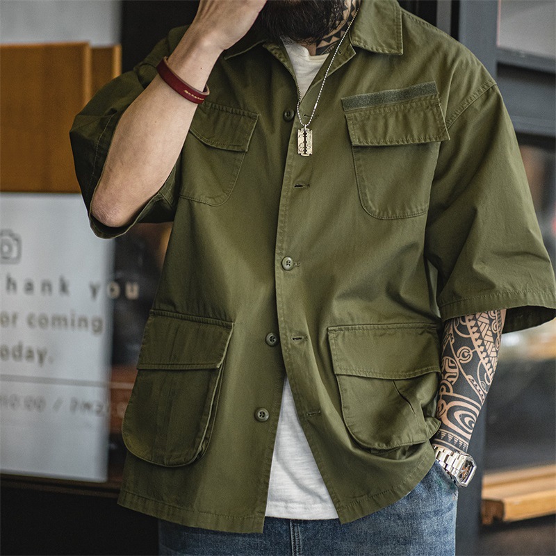 美式復古M42四袋短袖襯衫軍事風寬鬆廓形翻領襯衣男夏季-Retro's Wear
