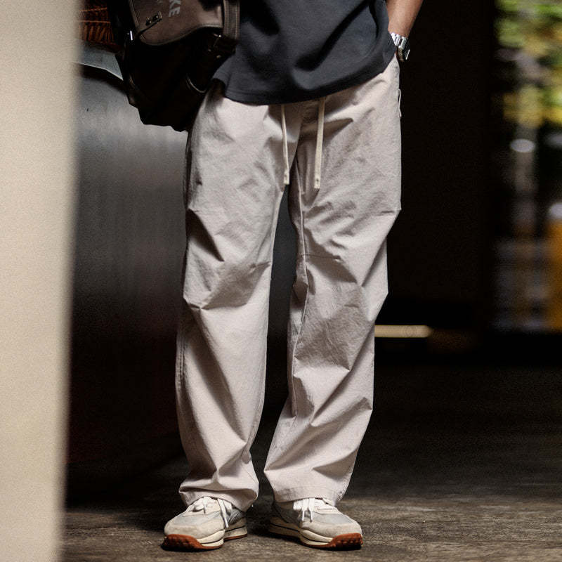 美式復古傘兵褲男士寬鬆褲腳打褶夏季戶外運動休閒工裝褲薄-Retro's Wear