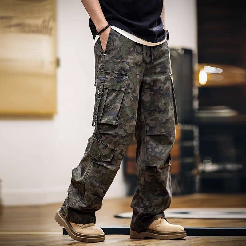 美式復古純棉網格迷彩工裝褲子男多口袋2025春夏新款直筒休閒長褲