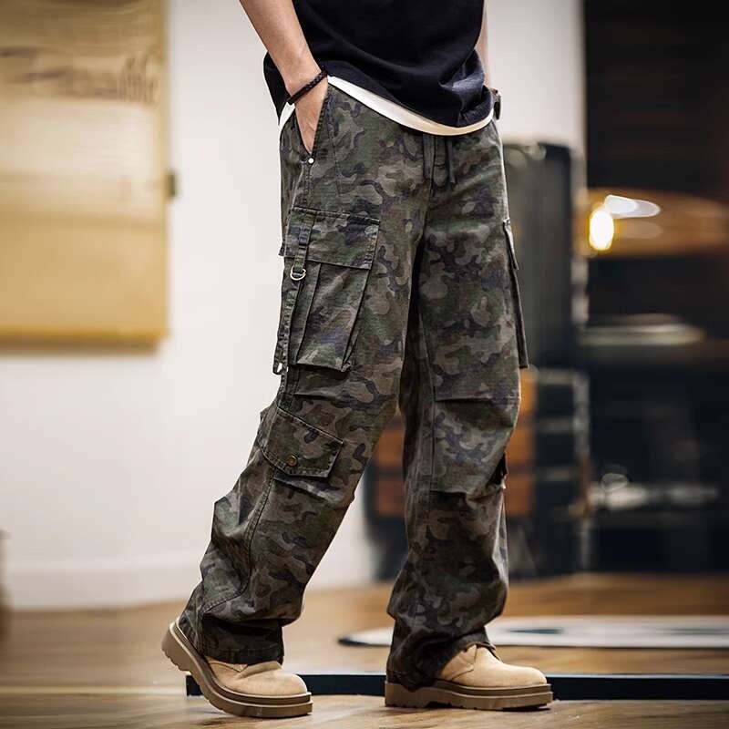 美式復古純棉網格迷彩工裝褲子男多口袋2025春夏新款直筒休閒長褲