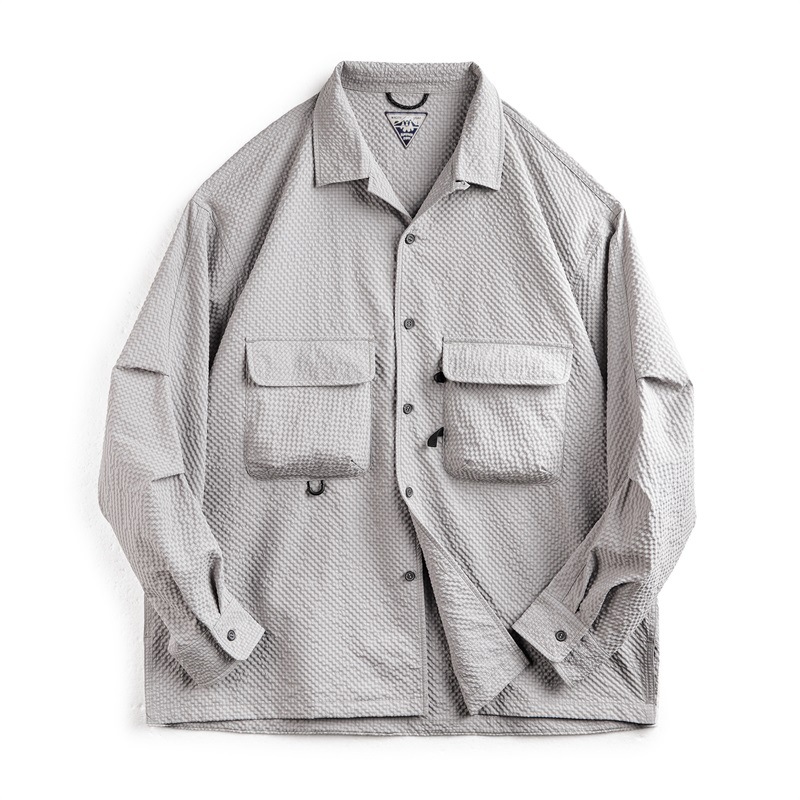 山系戶外古巴領泡泡紗長袖襯衫免燙抗皺口袋薄襯衣男夏秋-Retro's Wear