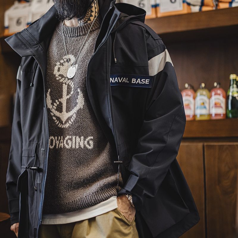 美式復古中長款海軍派克風衣寬鬆防風連帽夾克外套男秋季-Retro's Wear