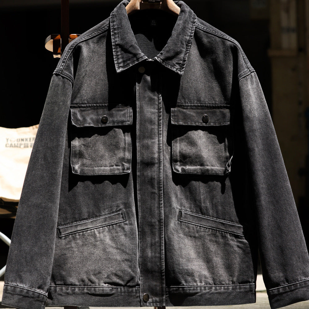 日系復古納米漸染水洗牛仔夾克男重磅寬鬆多口袋工裝外套秋-Retro's Wear