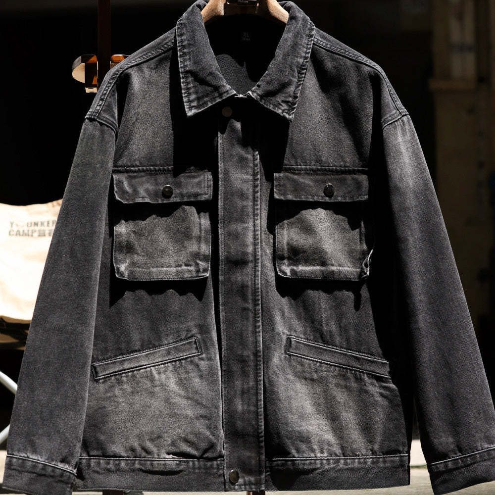 日系復古納米漸染水洗牛仔夾克男重磅寬鬆多口袋工裝外套秋-Retro's Wear