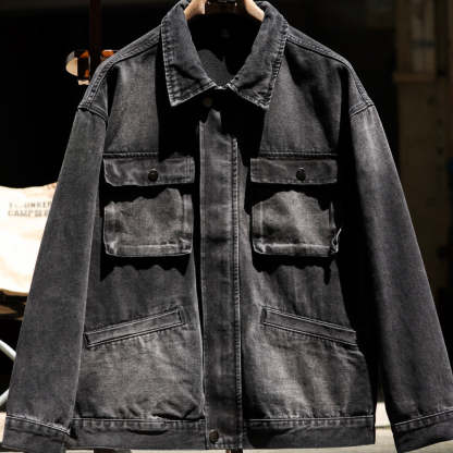 日系復古納米漸染水洗牛仔夾克男重磅寬鬆多口袋工裝外套秋-Retro's Wear