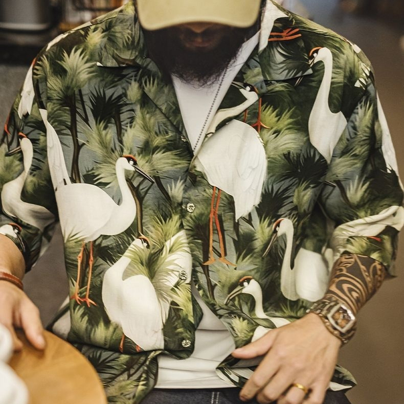 復古港風仙鶴花襯衫古巴領浮世繪天絲夏威夷短袖襯衣男夏