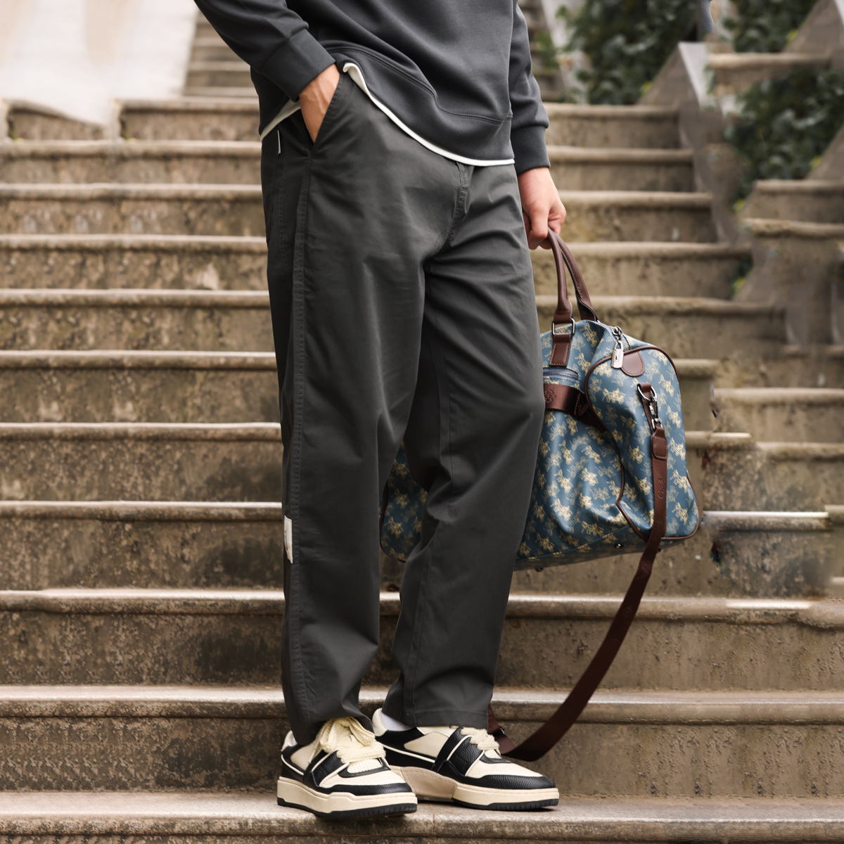 日系復古微彈休閒長褲男330g錐形繡標工裝卡其色褲子秋