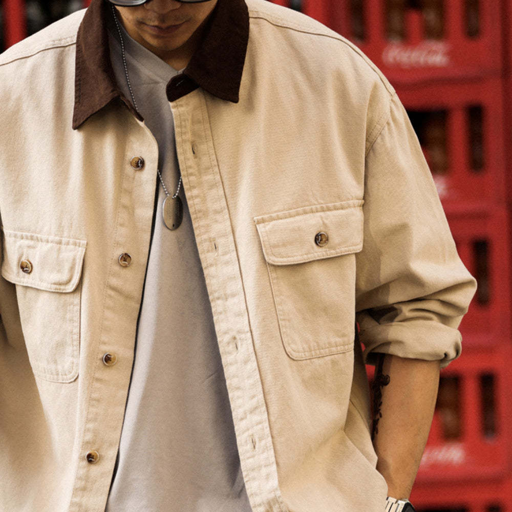 美式復古底特律襯衫外套男280g賽絡紡純棉撞色翻領長袖襯衣-Retro's Wear