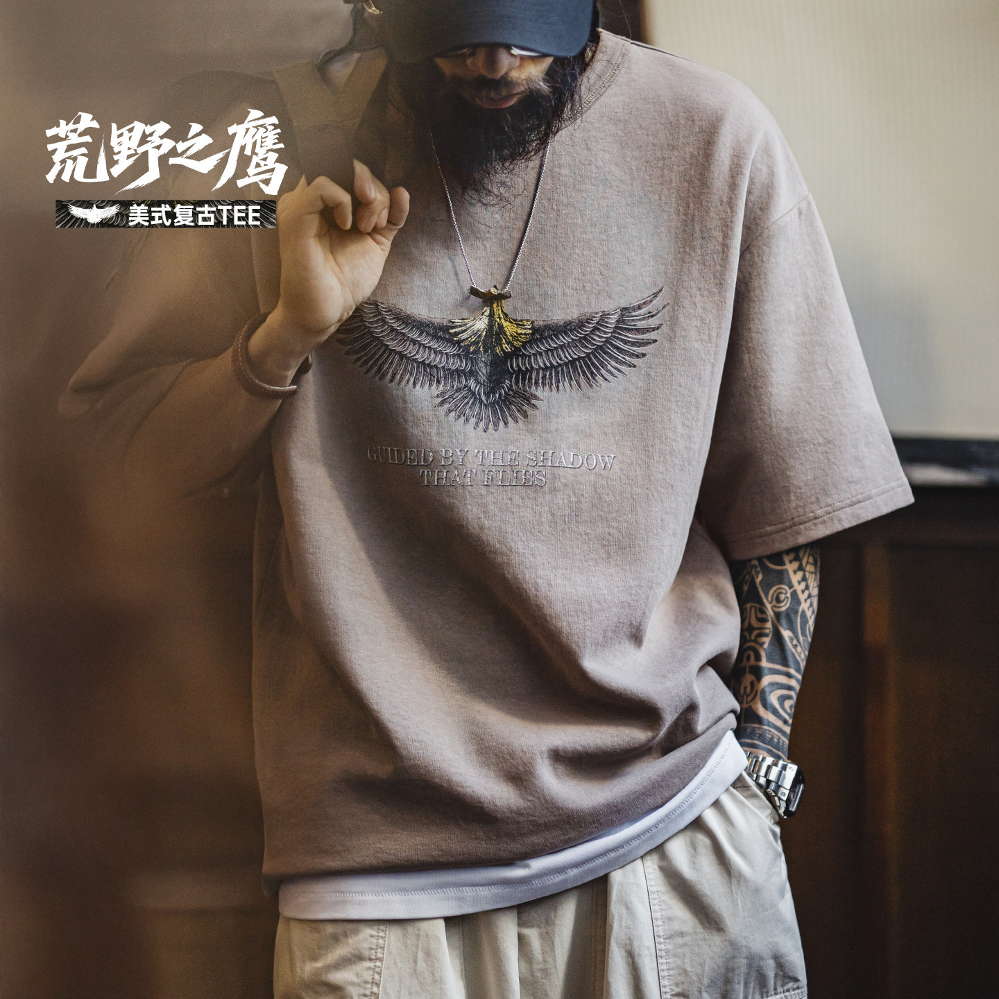 美式復古設計感獵鷹印花短袖圓領純棉t恤痞帥少年感男夏