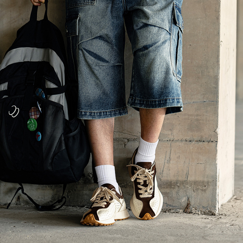 MRA軟皮阿甘鞋男款春夏透氣打孔復古拼色厚底板鞋輕便運動休閒鞋