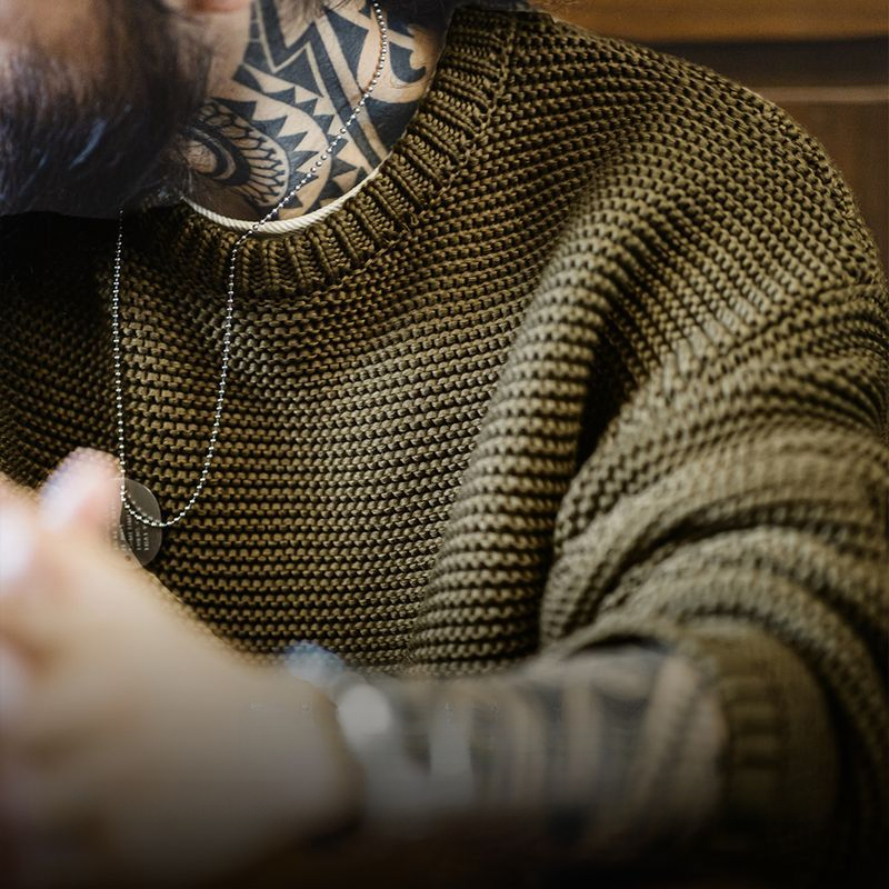 美式復古重磅肌理針織毛衣寬鬆落肩圓領套頭打底衫男秋冬-Retro's Wear