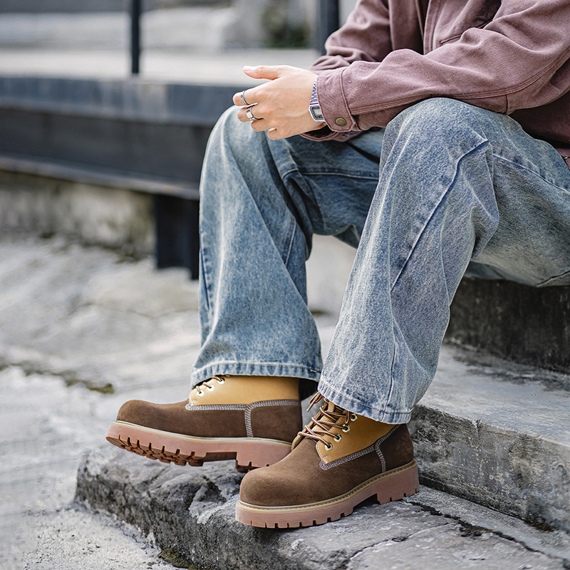 拼接版大黃靴男款2025冬季新款中幫馬丁靴美式復古戶外工裝靴