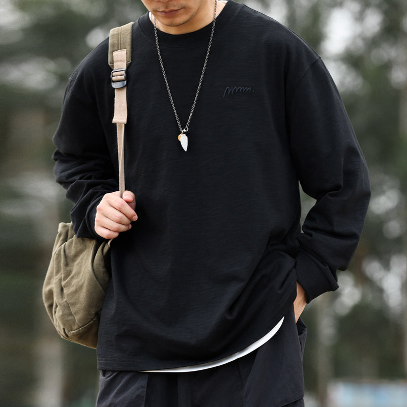 日系復古高密刺繡天竺棉長袖T恤男寬鬆cleanfit休閒打底衫秋-Retro's Wear