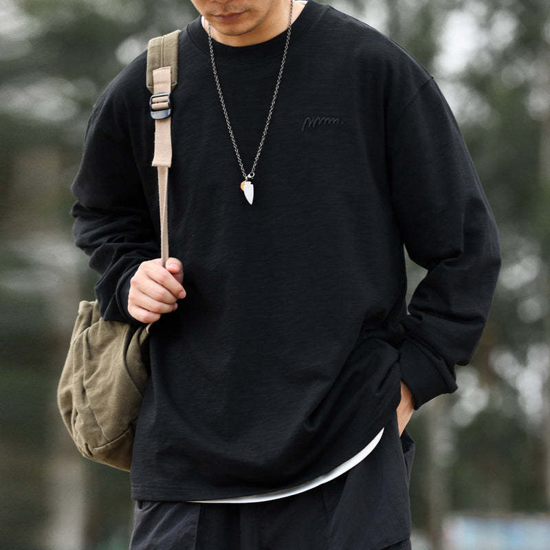 日系復古高密刺繡天竺棉長袖T恤男寬鬆cleanfit休閒打底衫秋-Retro's Wear