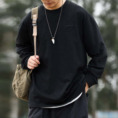 日系復古高密刺繡天竺棉長袖T恤男寬鬆cleanfit休閒打底衫秋-Retro's Wear