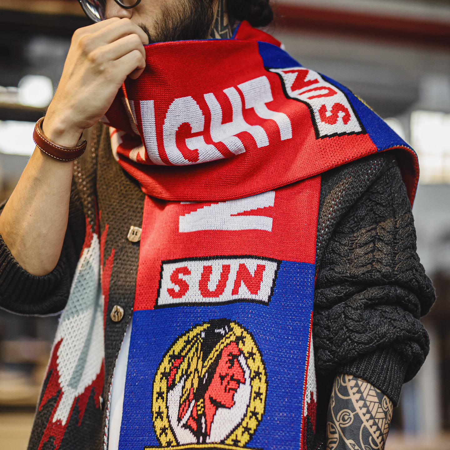 美式紅色流蘇球迷圍巾披肩保暖長款針織圍脖男式秋冬季