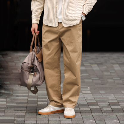 日系復古微彈休閒長褲男330g錐形繡標工裝卡其色褲子秋