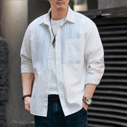 美式藍白條紋肌理拼接長袖襯衫男秋季新款潮牌亞麻工裝襯衣