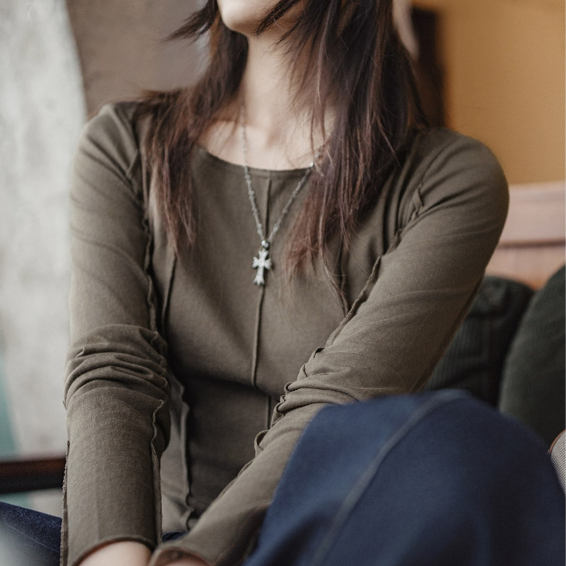 大領口薄款針織正肩長袖t恤魚骨收腰修身上衣打底罩衫女士夏