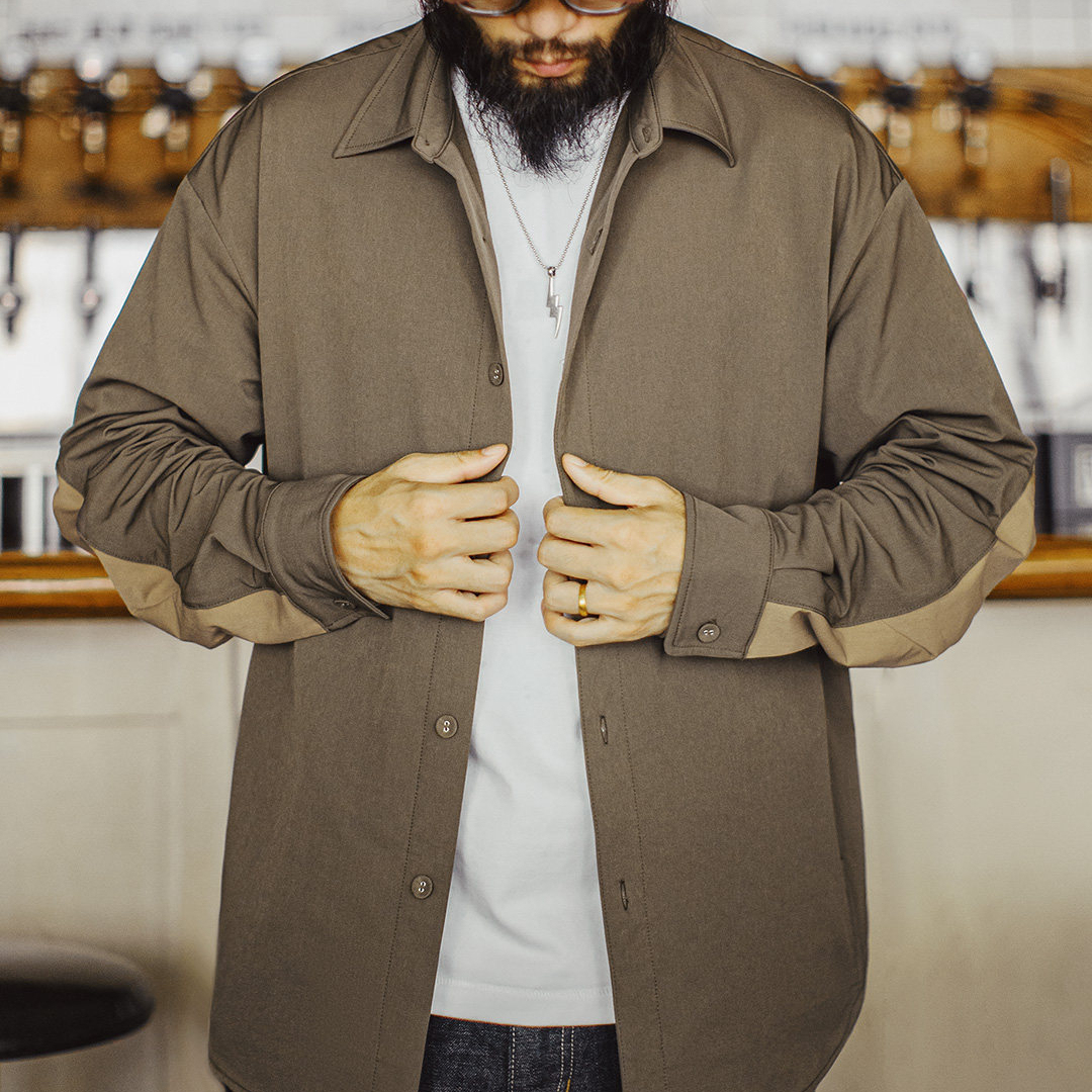 美式復古獵裝襯衫外套肘部拼接翻領正肩長袖薄款襯衣男春