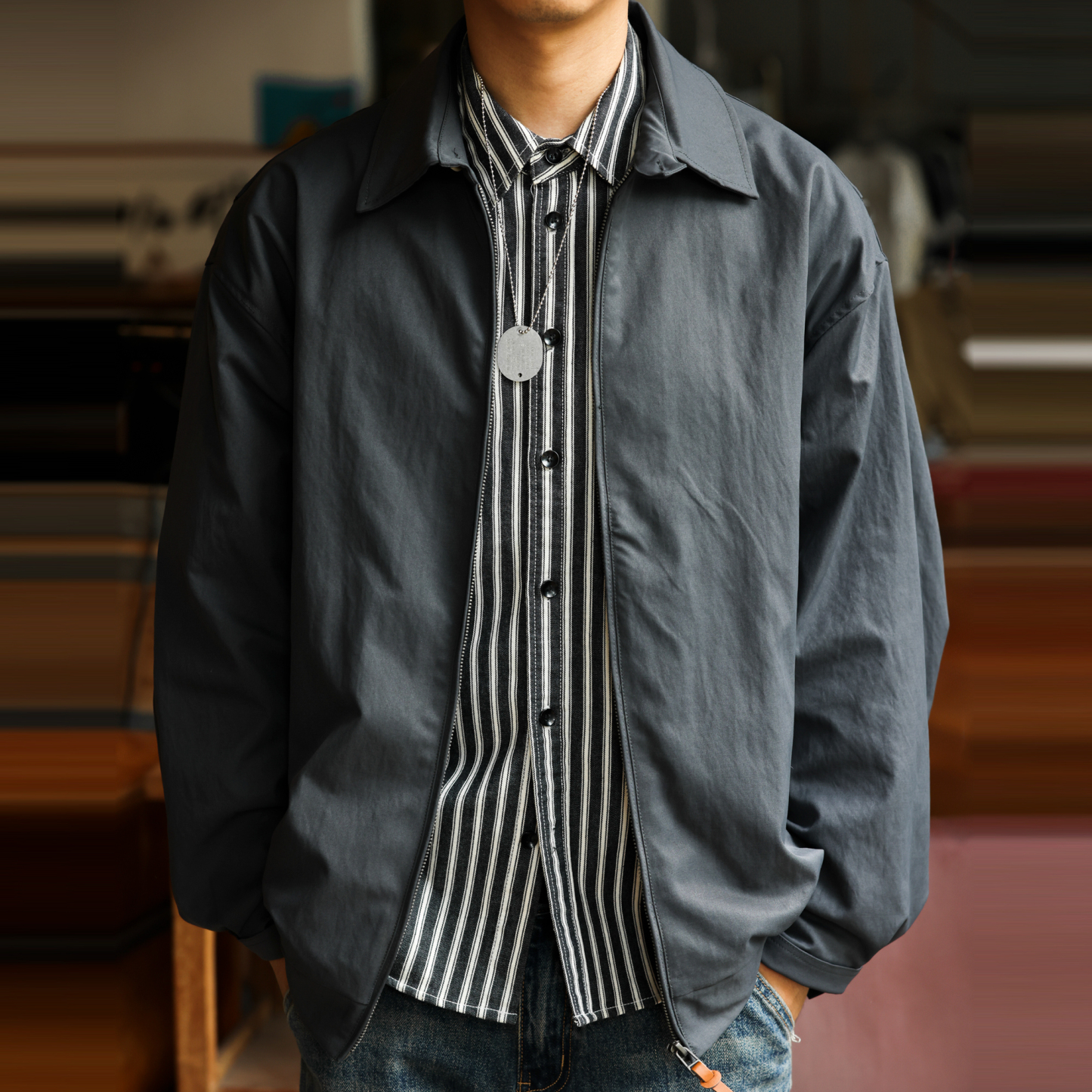 輕量化褪色感教練夾克男拉鍊翻領cleanfit通勤休閒外套