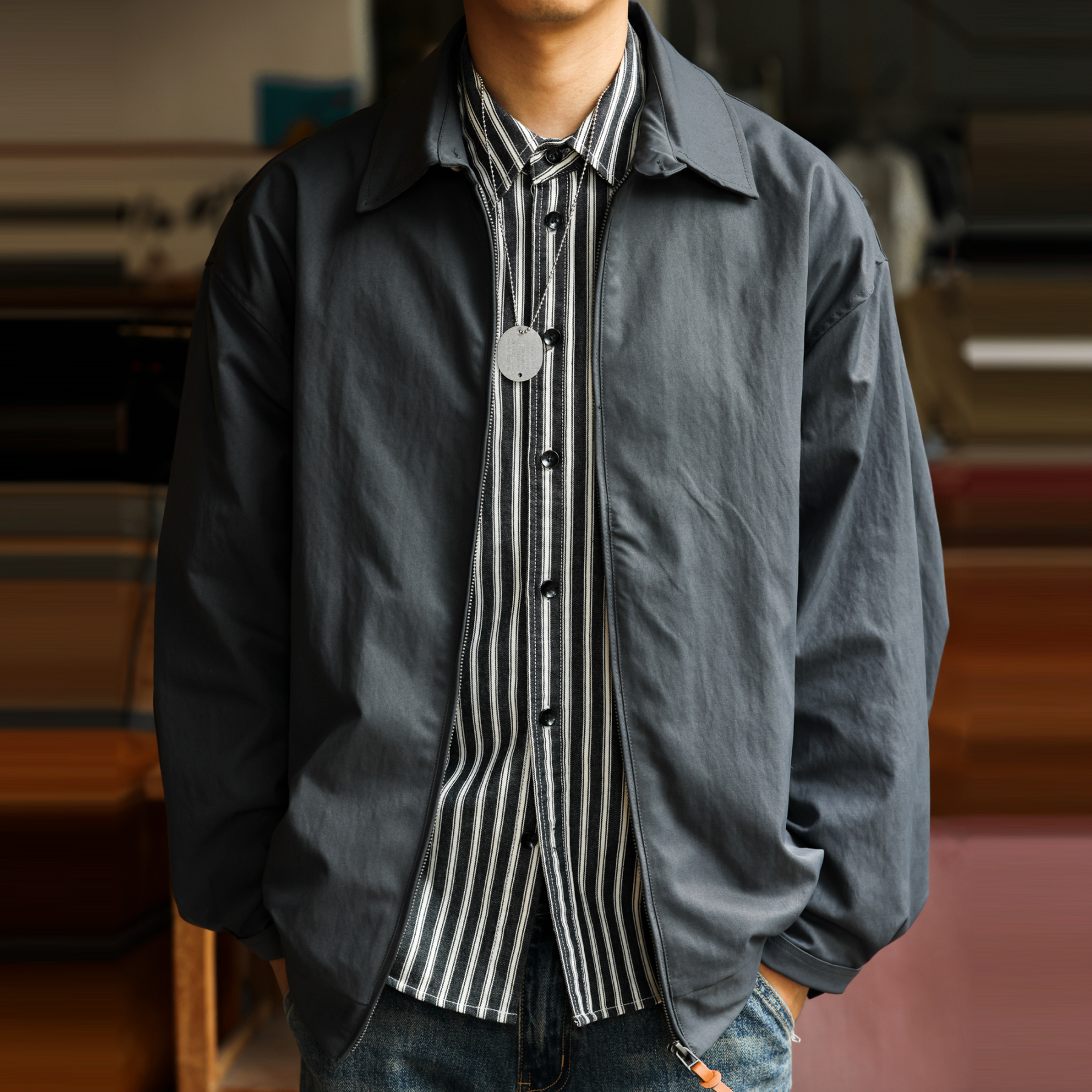 輕量化褪色感教練夾克男拉鍊翻領cleanfit通勤休閒外套