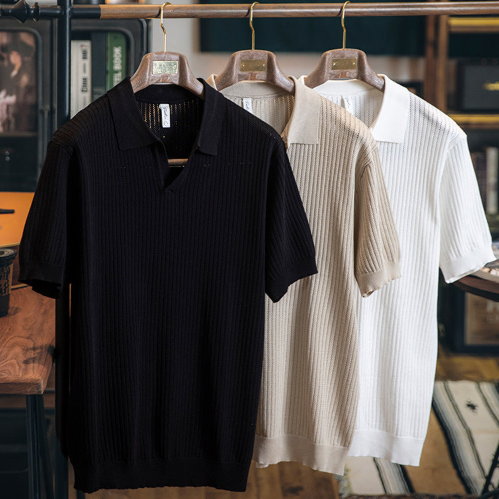 美式V領冰絲Polo衫短袖男2025新款寬鬆針織衫T恤夏季純色翻領上衣