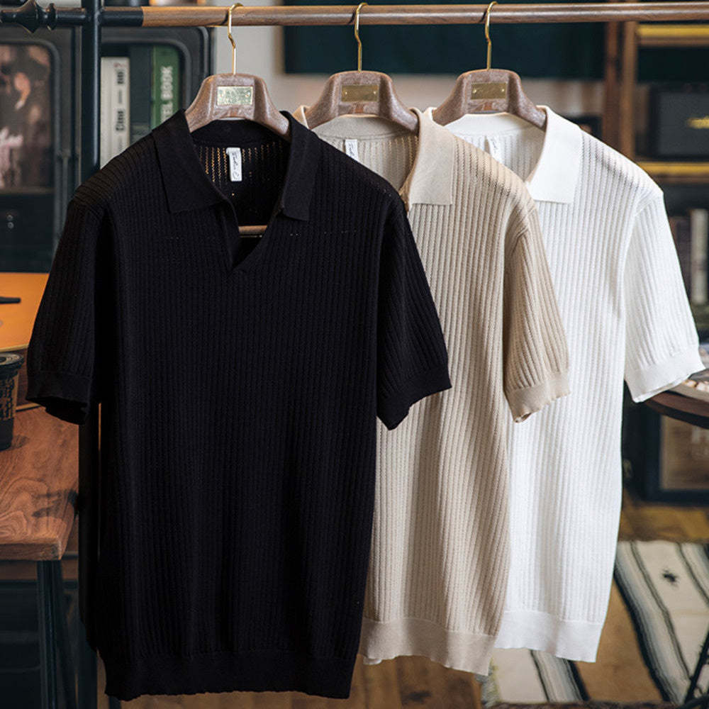 美式V領冰絲Polo衫短袖男2025新款寬鬆針織衫T恤夏季純色翻領上衣