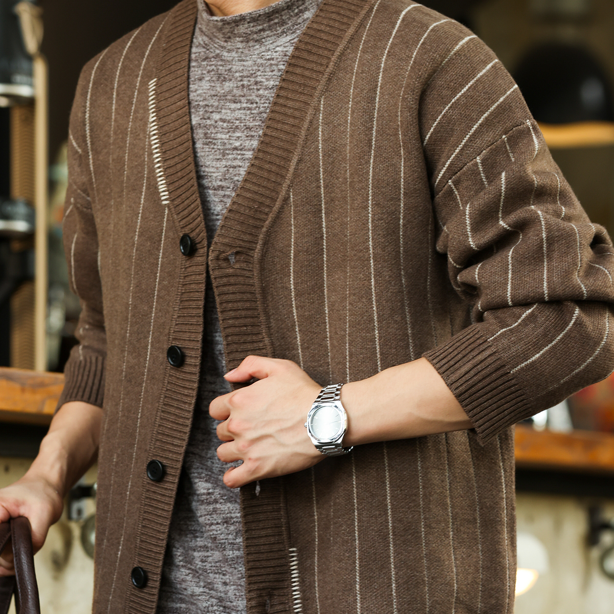 美式復古學院風條紋開衫毛衣男休閒慵懶風V領針織外套