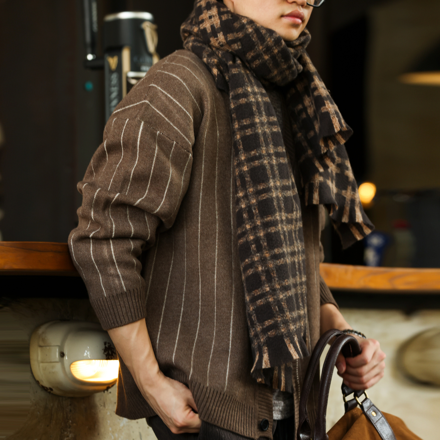 美式復古學院風條紋開衫毛衣男休閒慵懶風V領針織外套