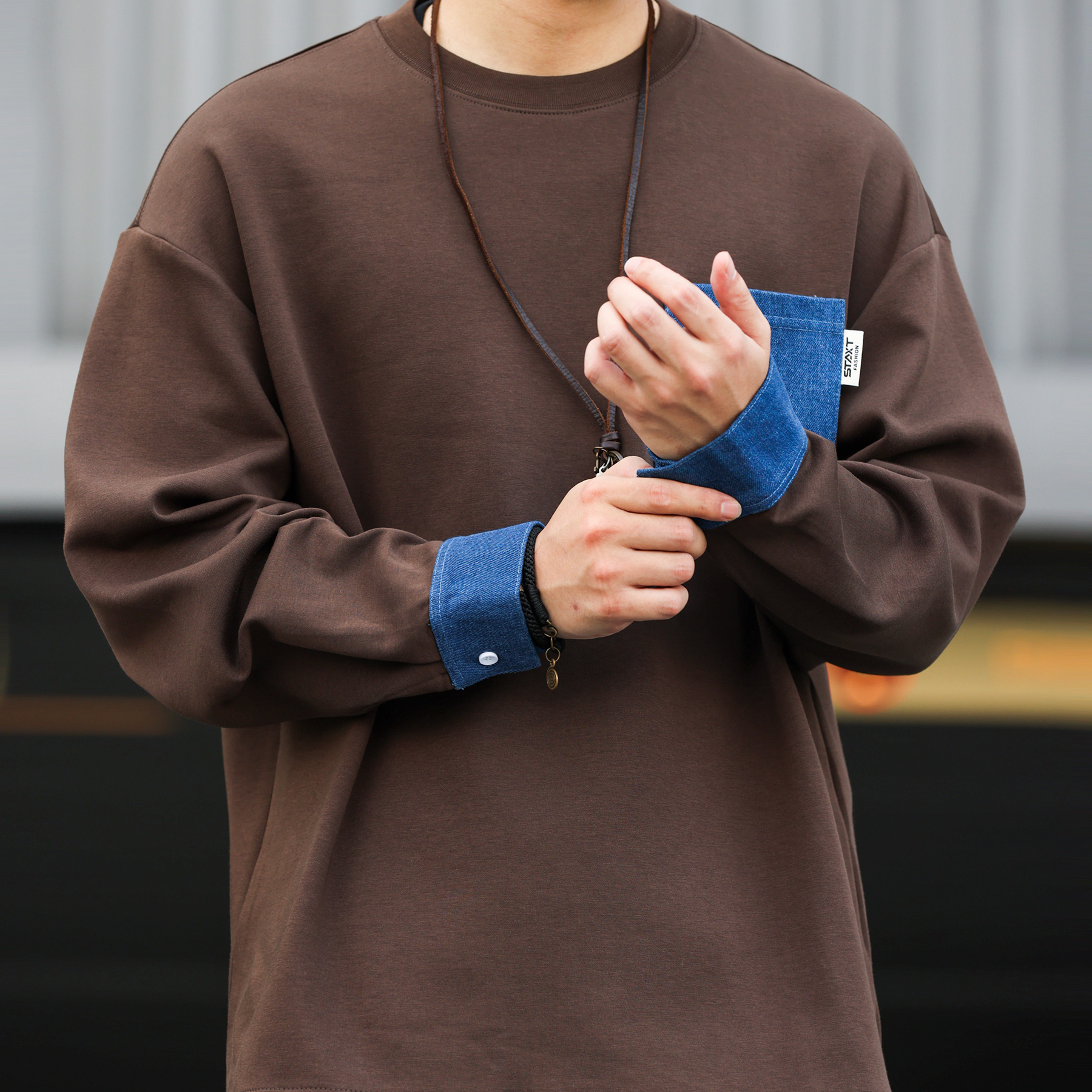 牛仔拼接袖口重磅衛衣男美式復古300g空氣層抗菌上衣秋