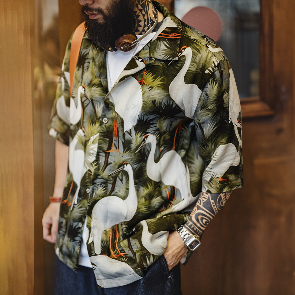 復古港風仙鶴花襯衫古巴領浮世繪天絲夏威夷短袖襯衣男夏