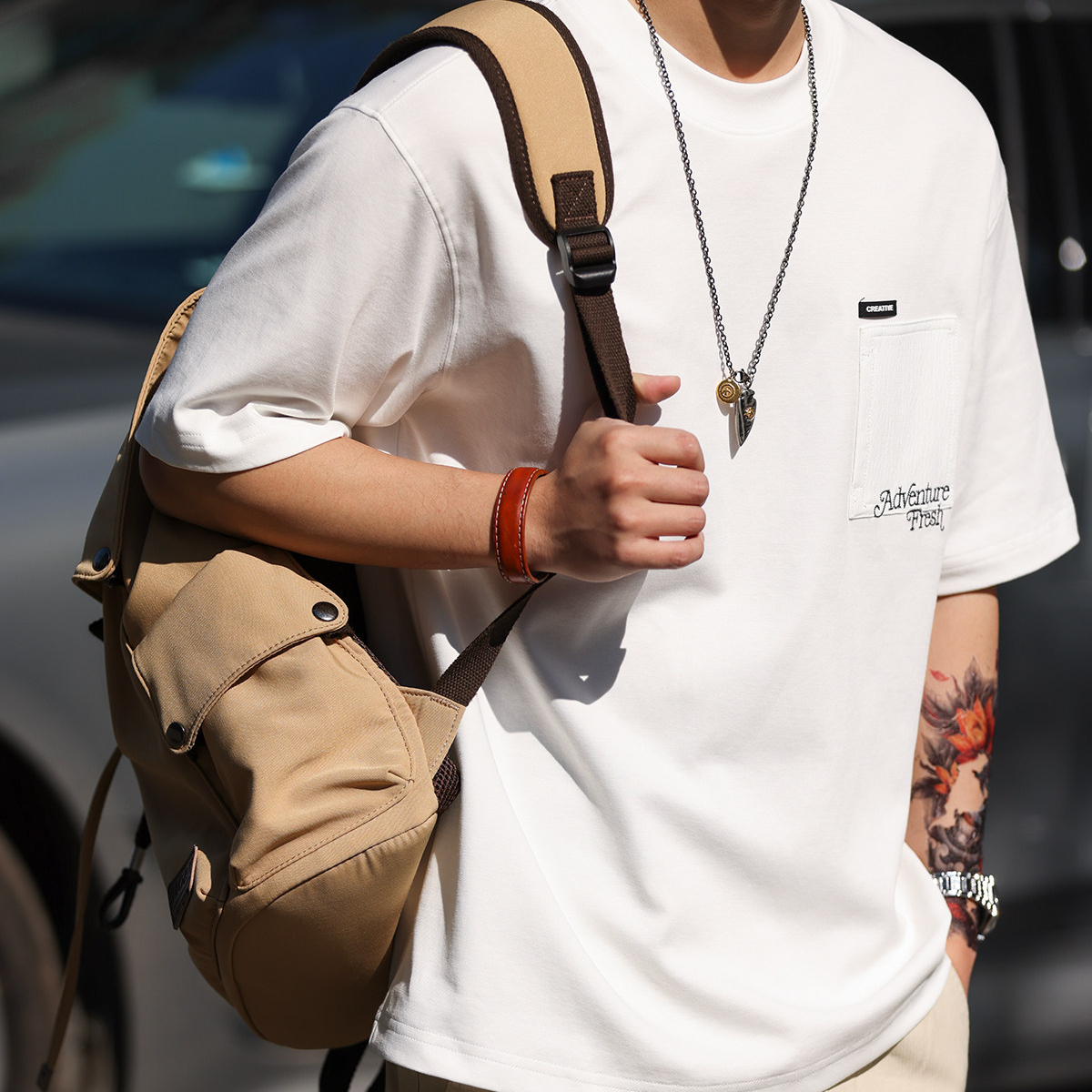 美式休閒立體口袋刺繡短袖T恤男戶外風工裝圓領打底TEE